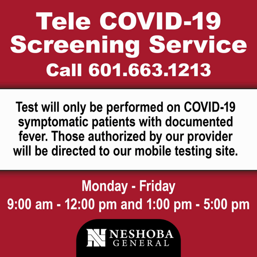 Neshoba General Hospital is offering mobile COVID-19 testing by appointment only.  